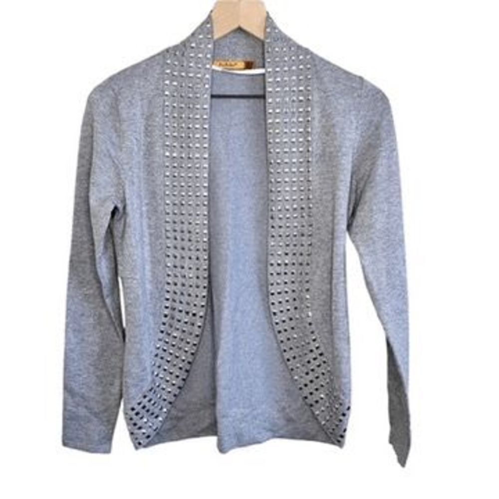 Belldini Heather Gray Knit Open Front‎ Silvertone Stud Trim Sweater Sz S